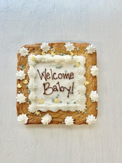Chocolate chip Cookie Text with Welcome Baby written on it