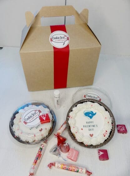 box of valentine treats with CNU cookie cake