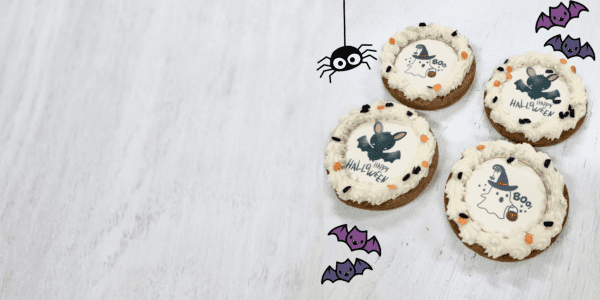 4 halloween cookies on a blank background with bat and spider graphics